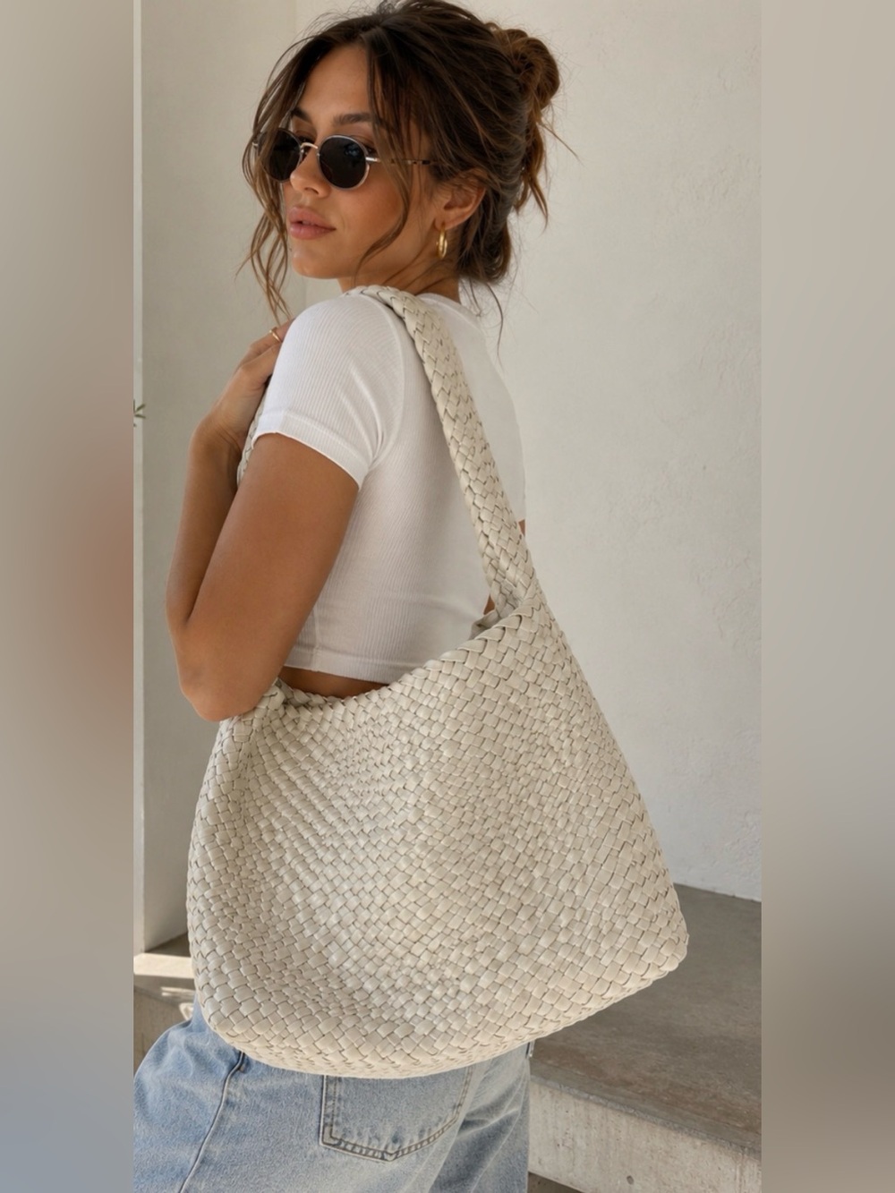 E|N Expressions NYC Beige Woven Hobo Shoulder Bag Oversized Tote w/ Pouch